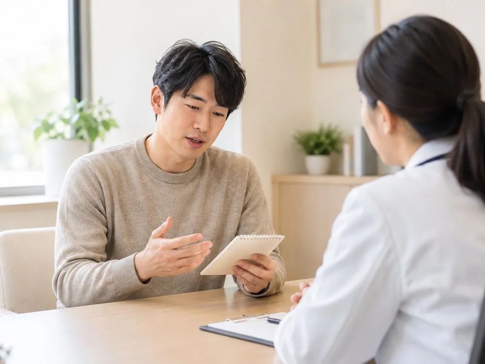 메모를 보며 증상을 설명하는 상담 장면