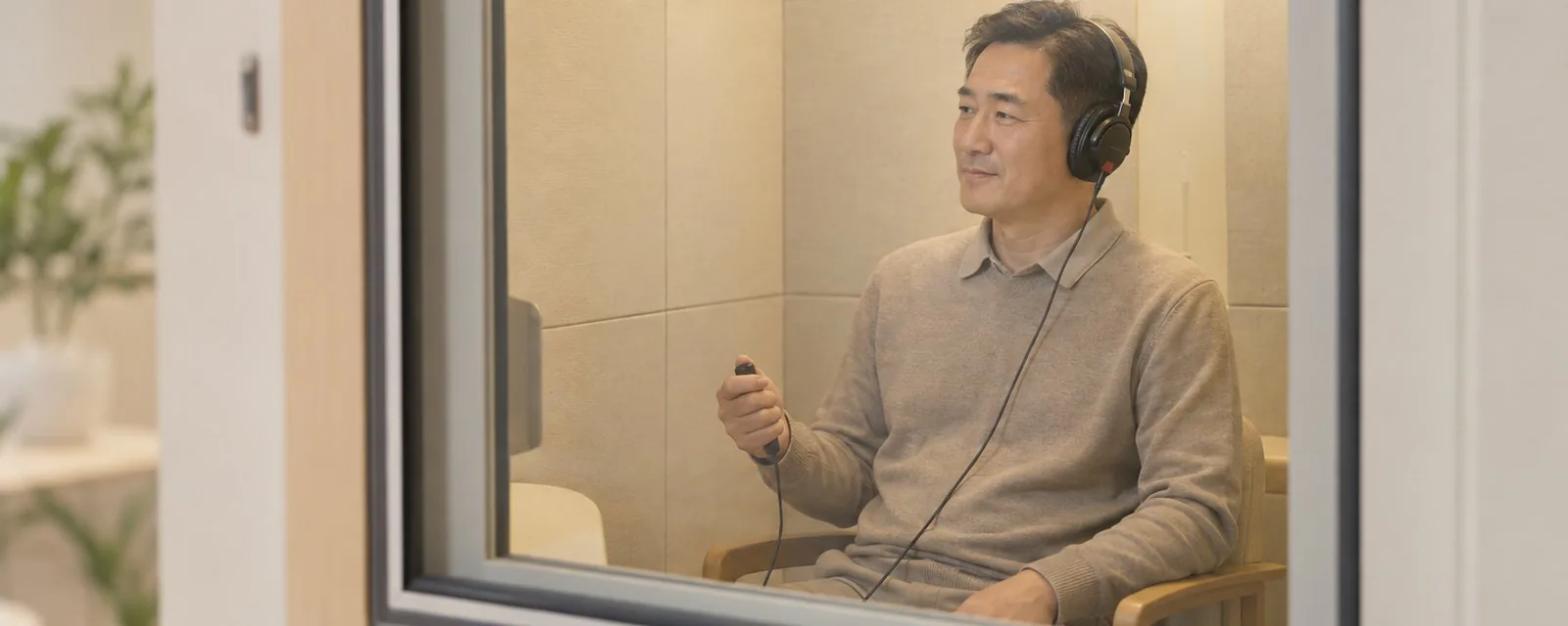 방음 부스 안에서 헤드폰을 쓰고 버튼을 쥔 모습