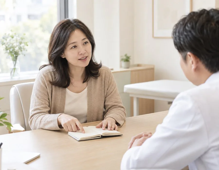 밝은 진료실에서 수첩을 펼쳐 놓고 상담하는 모습