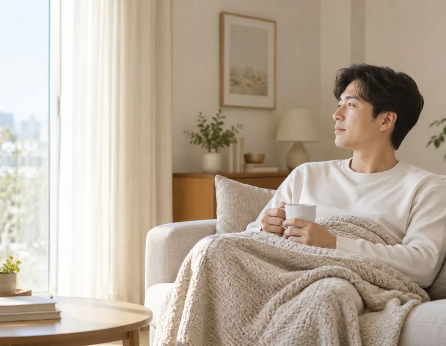 감기 뒤 차를 곁에 두고 쉬는 모습