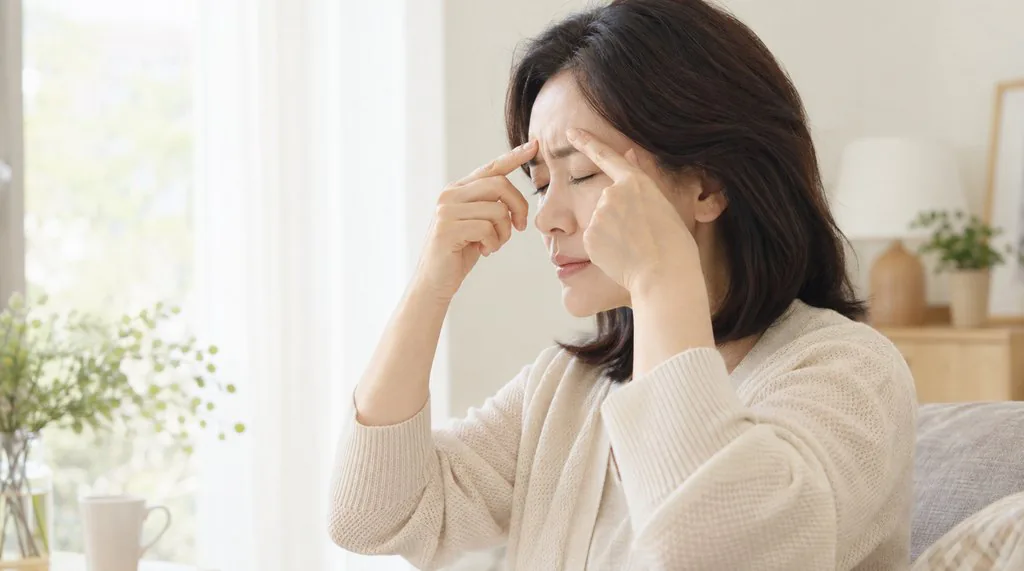 이마와 광대가 묵직해 손을 댄 모습