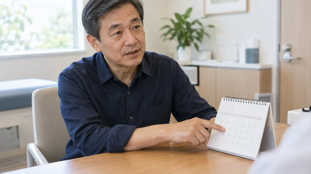 증상이 얼마나 됐는지 달력을 짚는 상담